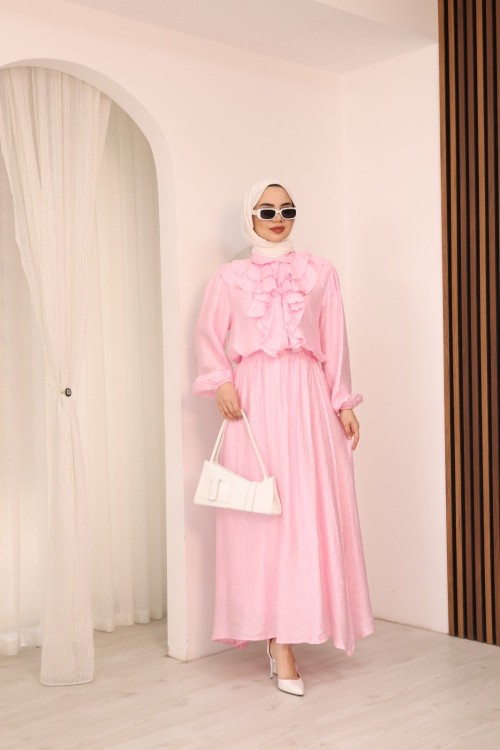 Önü Volanlı Astarlı Etekli Takım Pembe