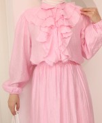 Önü Volanlı Astarlı Etekli Takım Pembe