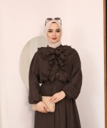 Önü Volanlı Astarlı Etekli Takım Kahverengi