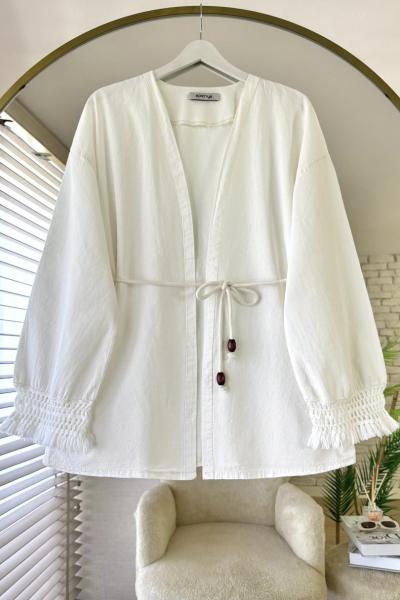 Kolu Püsküllü Keten Kimono Ekru