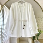 Kolu Püsküllü Keten Kimono Ekru