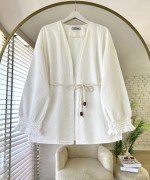 Kolu Püsküllü Keten Kimono Ekru