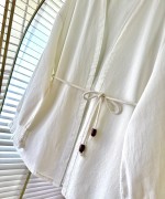 Kolu Püsküllü Keten Kimono Ekru