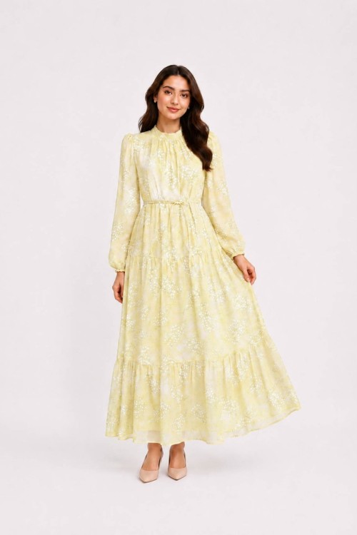 Daisy Desenli Elbise Sarı