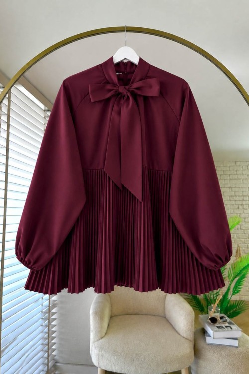Piliseli Poplin Gömlek Bordo