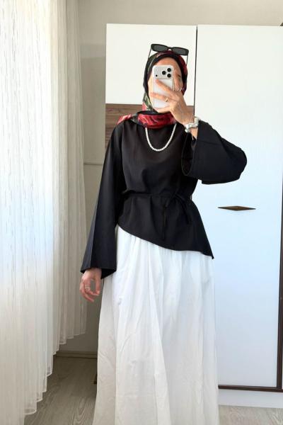 Asimetrik Poplin Bluz Siyah