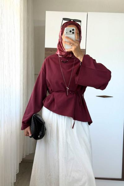 Asimetrik Poplin Bluz Bordo