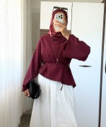 Asimetrik Poplin Bluz Bordo