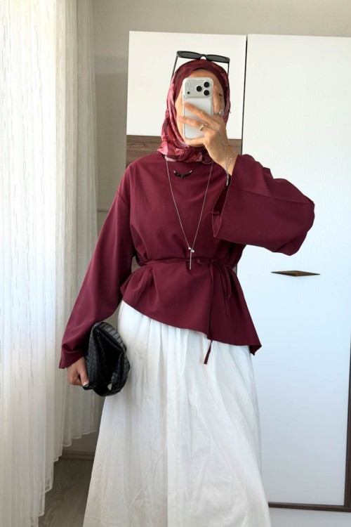 Asimetrik Poplin Bluz Bordo