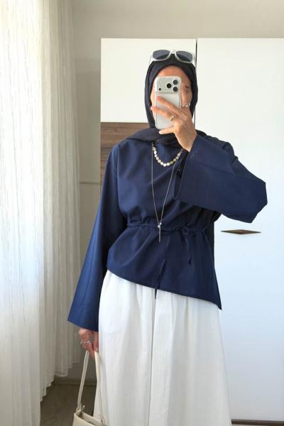 Asimetrik Poplin Bluz Lacivert