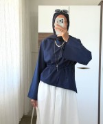 Asimetrik Poplin Bluz Lacivert