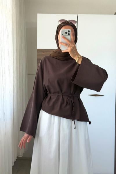 Asimetrik Poplin Bluz Kahverengi