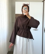 Asimetrik Poplin Bluz Kahverengi