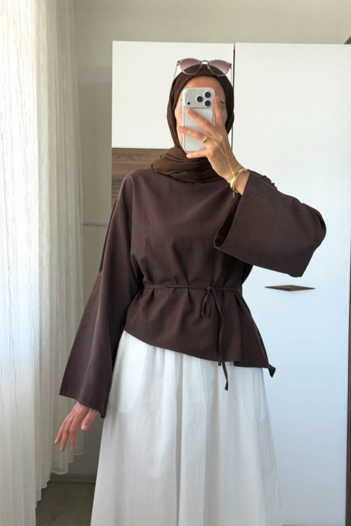 Asimetrik Poplin Bluz Kahverengi
