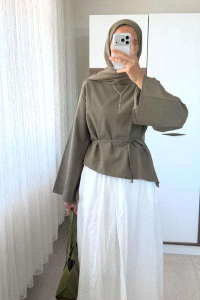 Asimetrik Poplin Bluz Haki