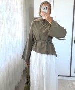 Asimetrik Poplin Bluz Haki