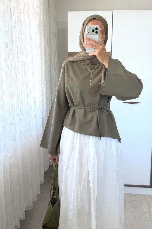Asimetrik Poplin Bluz Haki