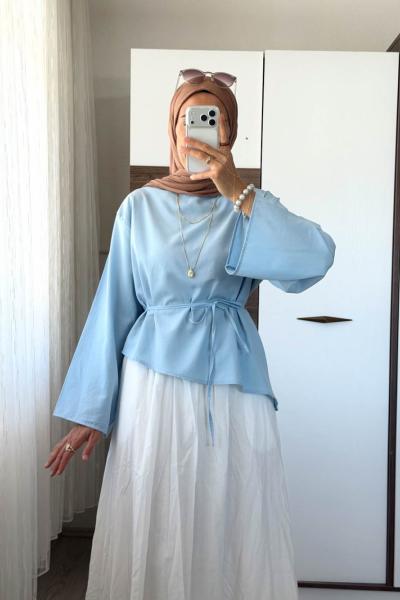 Asimetrik Poplin Bluz Mavi
