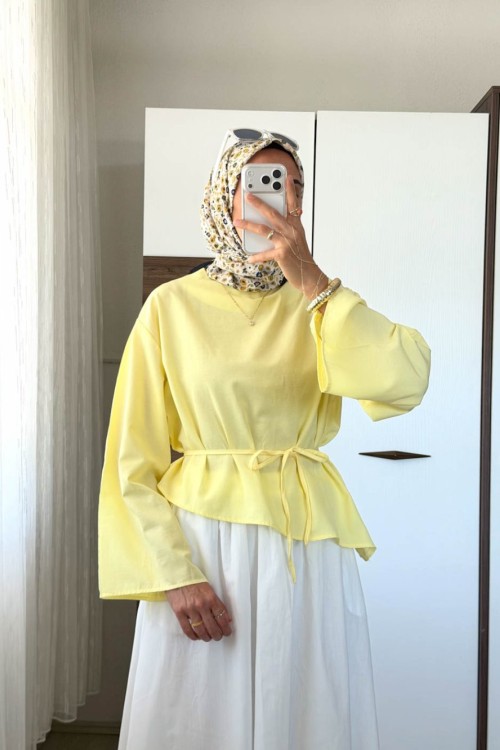 Asimetrik Poplin Bluz Sarı