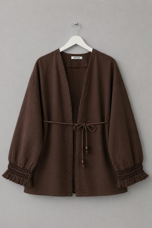 Kolu Püsküllü Keten Kimono Kahverengi
