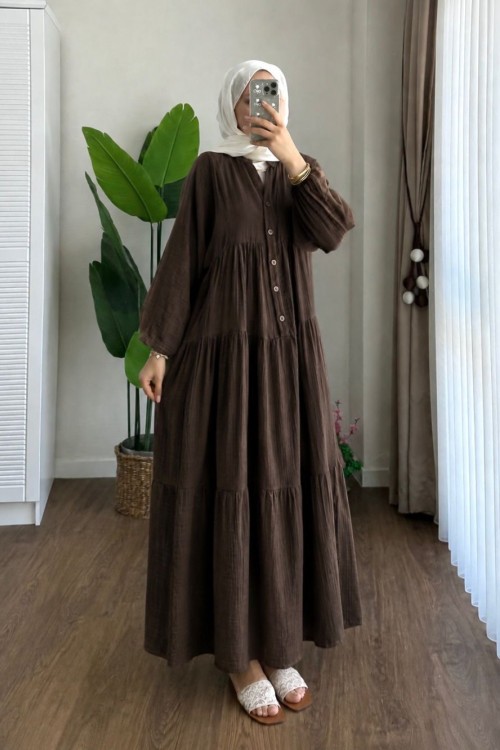 Oversize Müslin Elbise Kahverengi