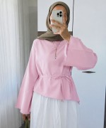 Asimetrik Poplin Bluz Pembe