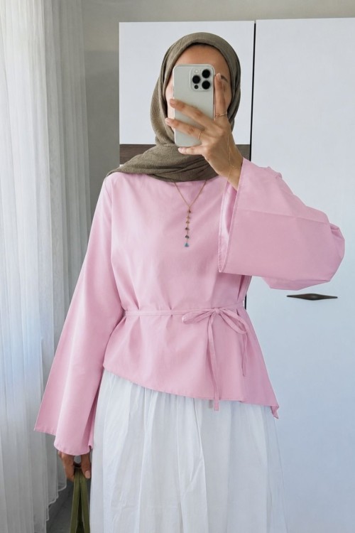 Asimetrik Poplin Bluz Pembe