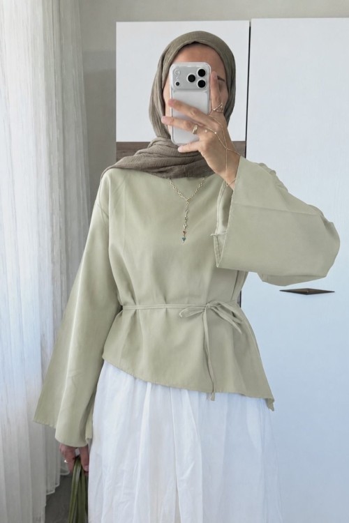 Asimetrik Poplin Bluz Çağla Yeşili