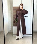 Yırtmaçlı Poplin Elbise Kahverengi