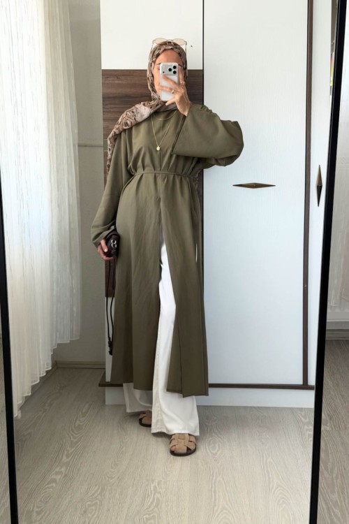 Yırtmaçlı Poplin Elbise Haki