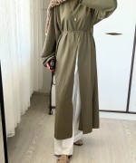 Yırtmaçlı Poplin Elbise Haki