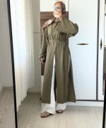 Yırtmaçlı Poplin Elbise Haki