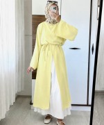 Yırtmaçlı Poplin Elbise Sarı