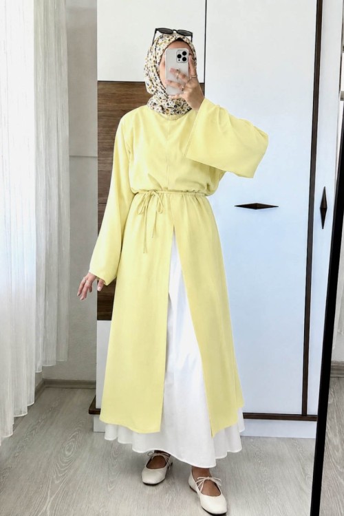 Yırtmaçlı Poplin Elbise Sarı