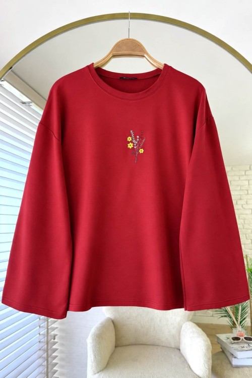 Nakışlı Salaş Sweatshirt  Kırmızı