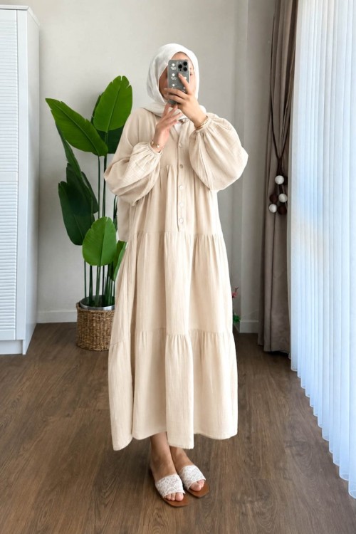 Oversize Müslin Elbise Bej