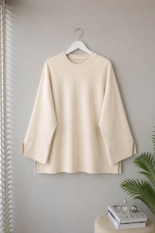 Yırtmaç Detaylı Süprem Sweatshirt Bej