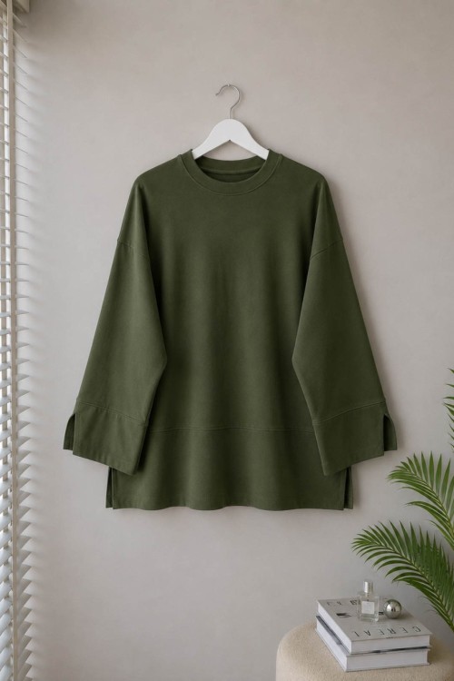 Yırtmaç Detaylı Süprem Sweatshirt Haki