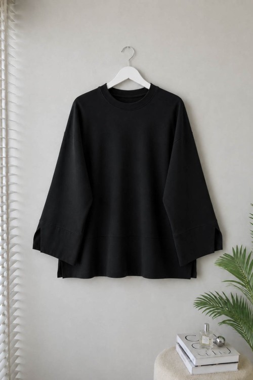 Yırtmaç Detaylı Süprem Sweatshirt Siyah