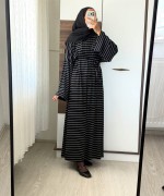 Çizgili Oversize Elbise Siyah