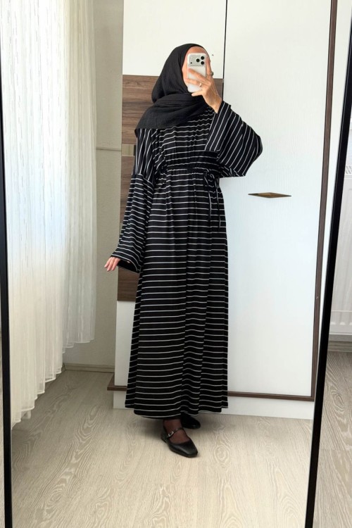 Çizgili Oversize Elbise Siyah