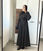 Çizgili Oversize Elbise Siyah
