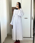 Çizgili Oversize Elbise Beyaz