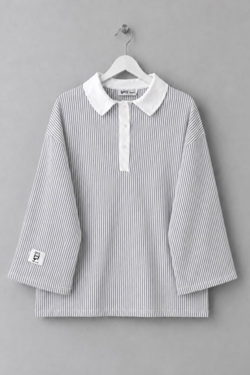 Gömlek Yaka Çizgili Sweatshirt Gri