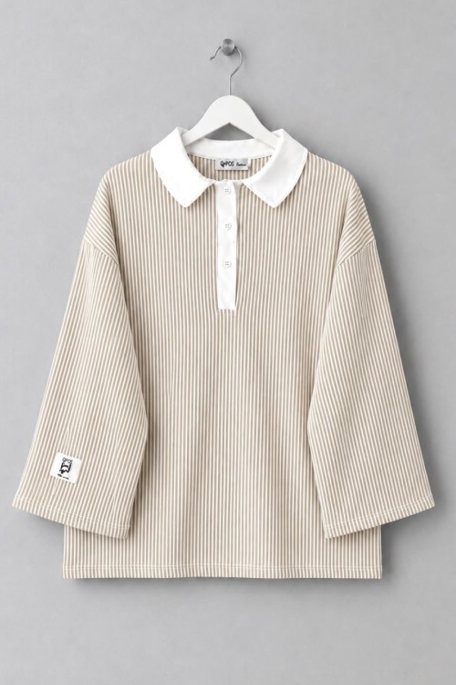 Gömlek Yaka Çizgili Sweatshirt Bej