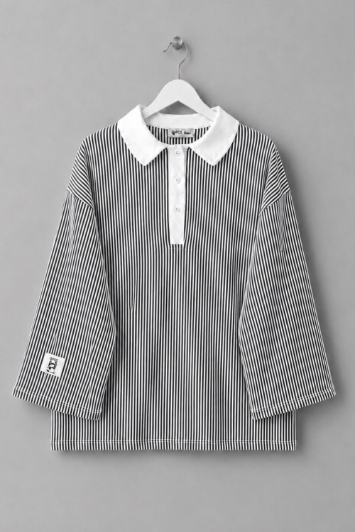 Gömlek Yaka Çizgili Sweatshirt Siyah