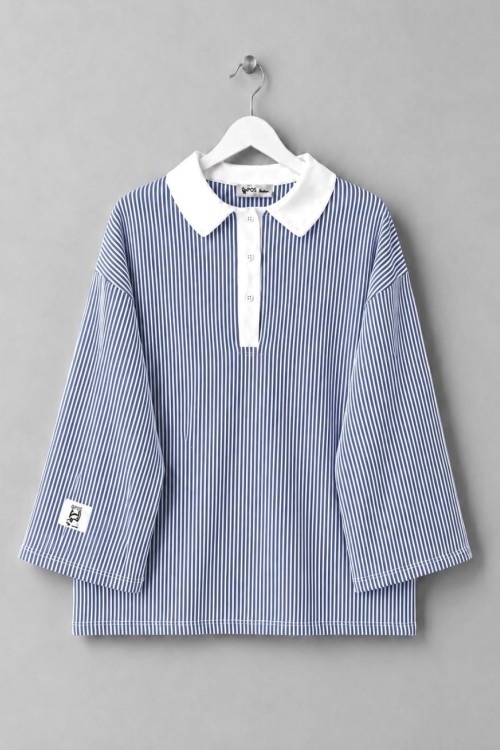 Gömlek Yaka Çizgili Sweatshirt Lacivert