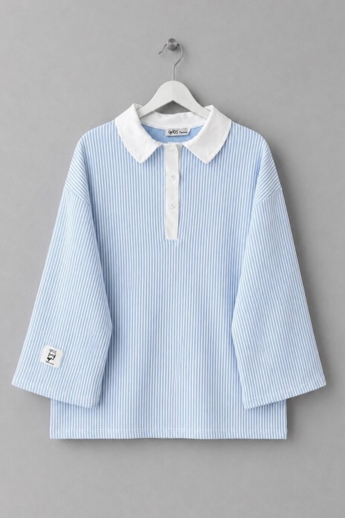 Gömlek Yaka Çizgili Sweatshirt Mavi