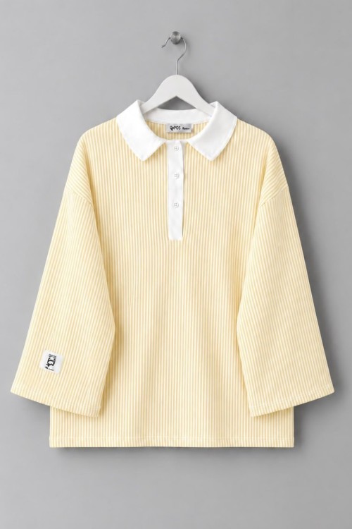Gömlek Yaka Çizgili Sweatshirt Sarı