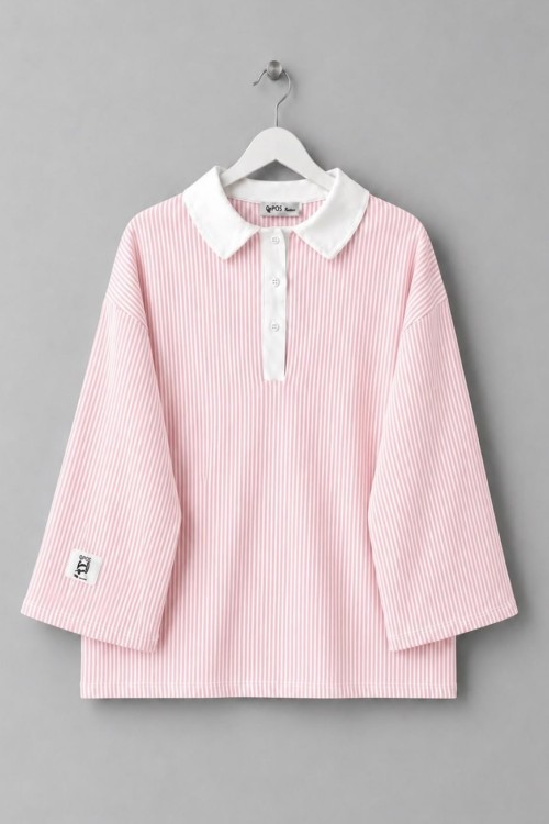Gömlek Yaka Çizgili Sweatshirt Pembe